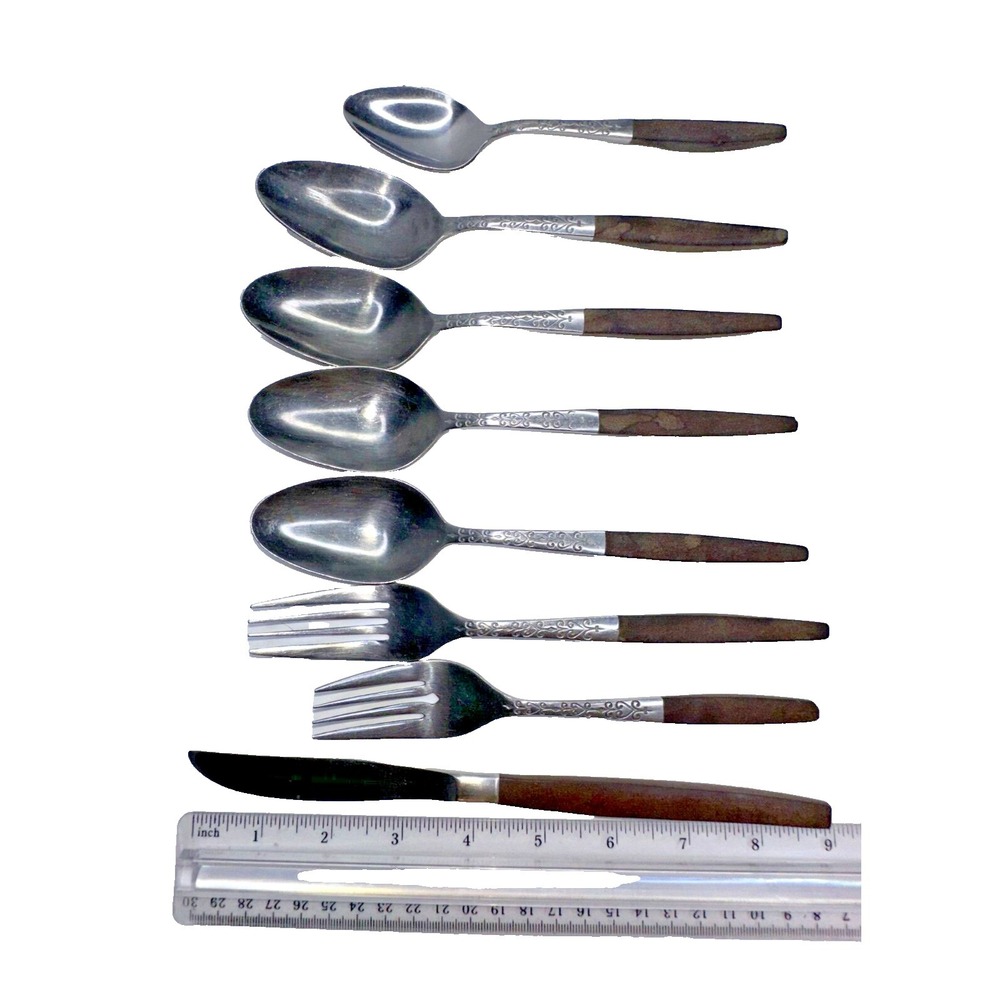 Interpur Canoe Wood handle Etched MCM Stainless Flatware 8 PC Fork Spoon Knife